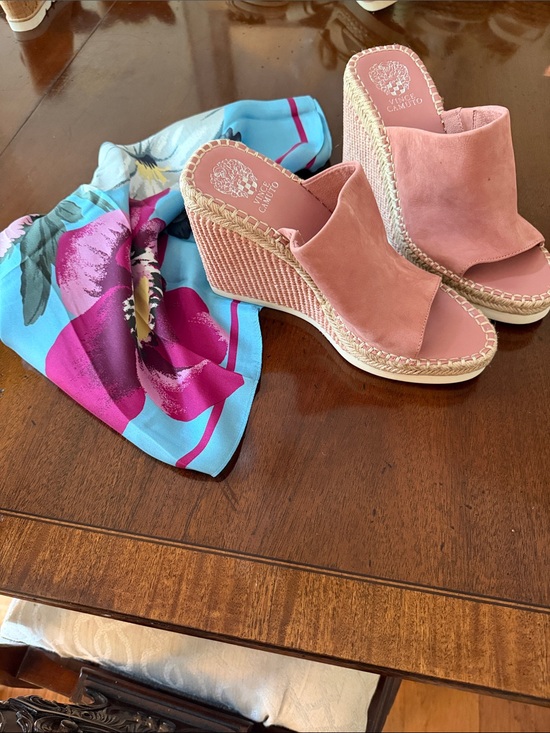 Vince Camuto Shoes - Vince Camuto Pink Suede Espadrille Wedge Slides